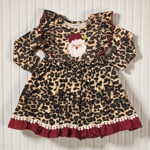 Girls' Holiday Leopard Print Christmas Santa Dress Ruffle Detail XL